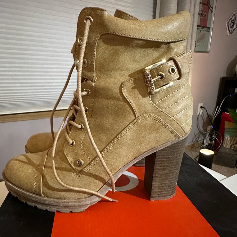 Tan 4 1/2” heel lace up short boot